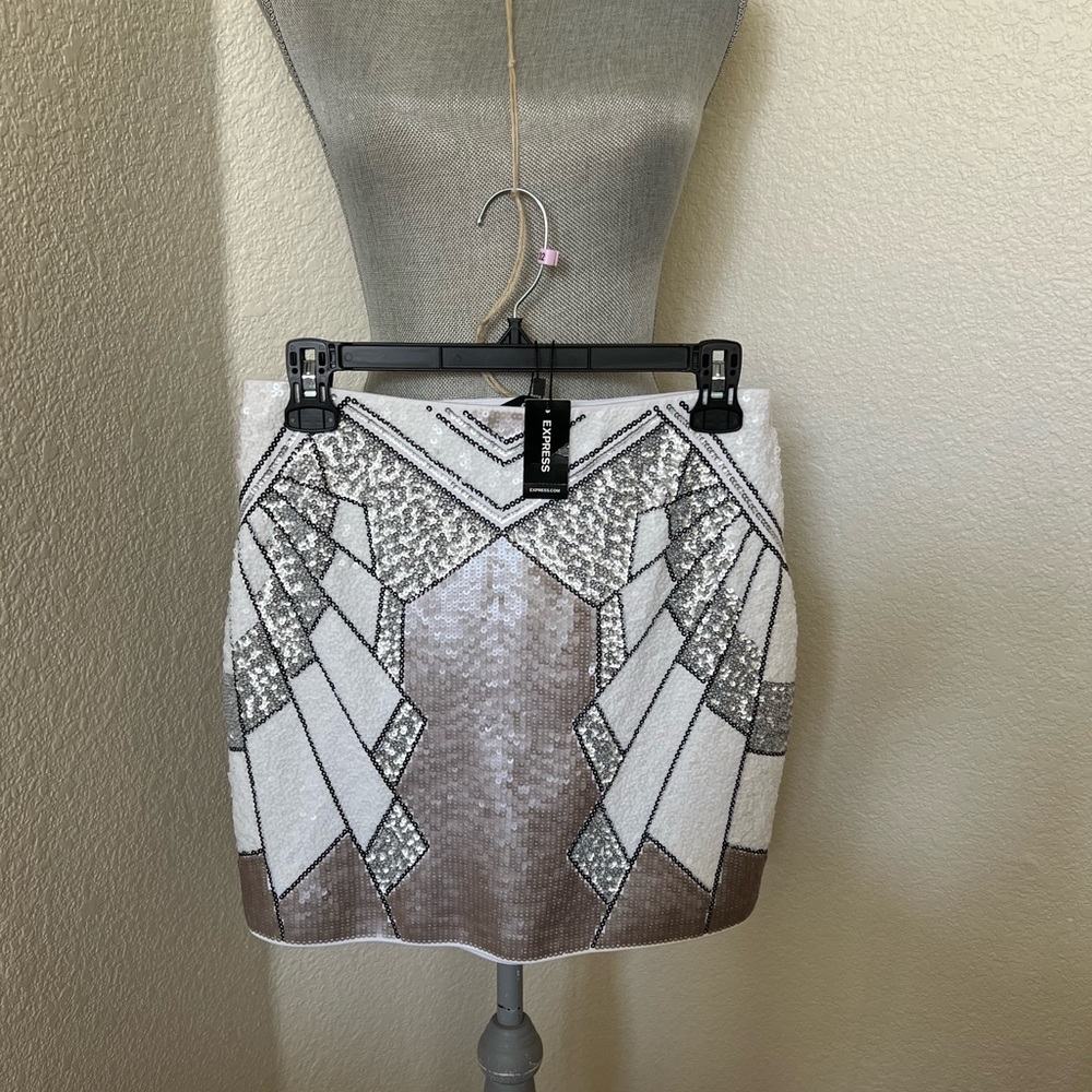 Silver and White Geometric Mini Skirt